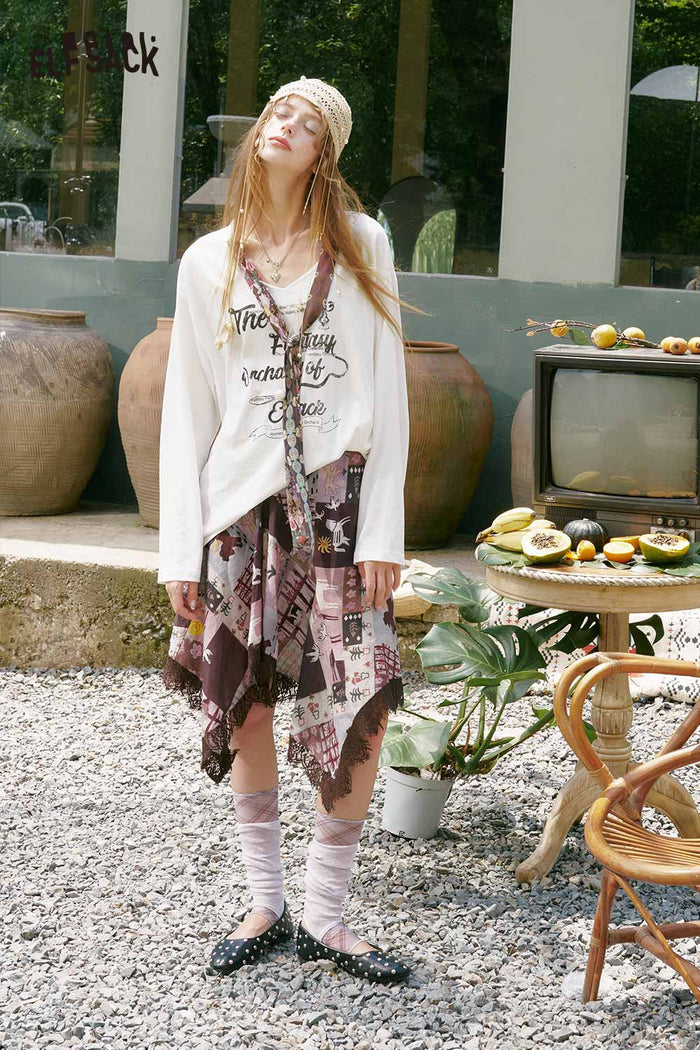 ELFSACK Scarf Tie Letter Graphic Long Tee