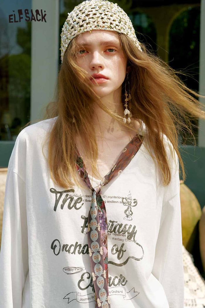 ELFSACK Scarf Tie Letter Graphic Long Tee