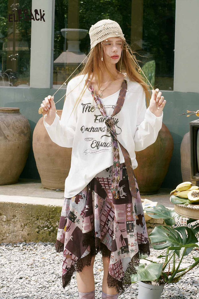 ELFSACK Scarf Tie Letter Graphic Long Tee