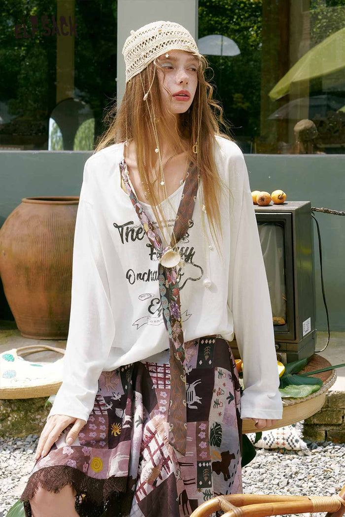 ELFSACK Scarf Tie Letter Graphic Long Tee