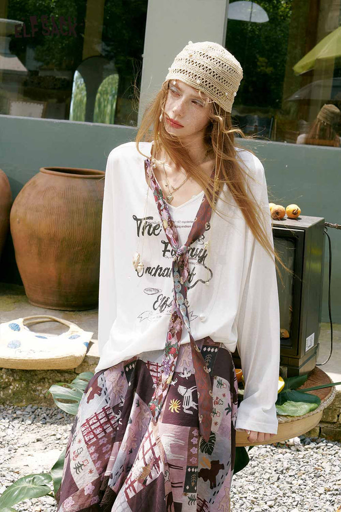 ELFSACK Scarf Tie Letter Graphic Long Tee