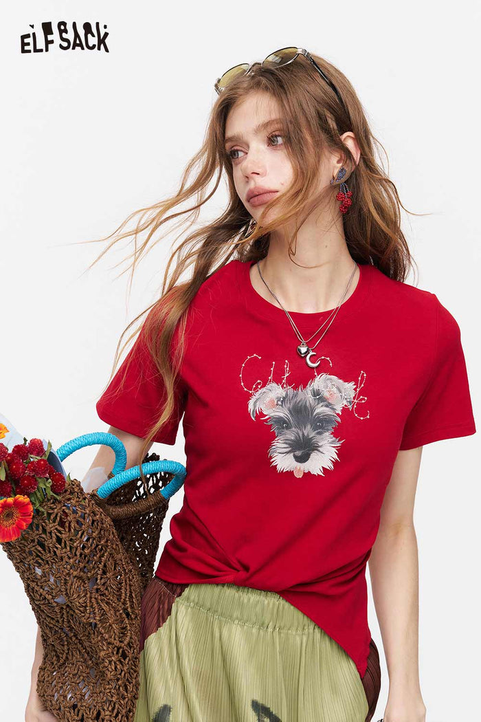 ELFSACK Schnauzer Print Cropped Twisted T-Shirt