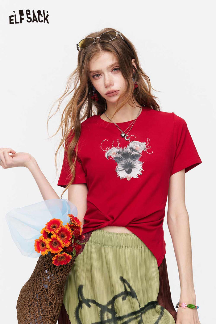 ELFSACK Schnauzer Print Cropped Twisted T-Shirt