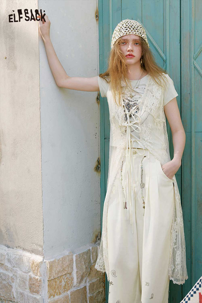 ELFSACK Sheer Lace Tie Front Long Sleeveless Vest