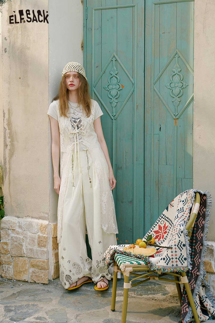 ELFSACK Sheer Lace Tie Front Long Sleeveless Vest
