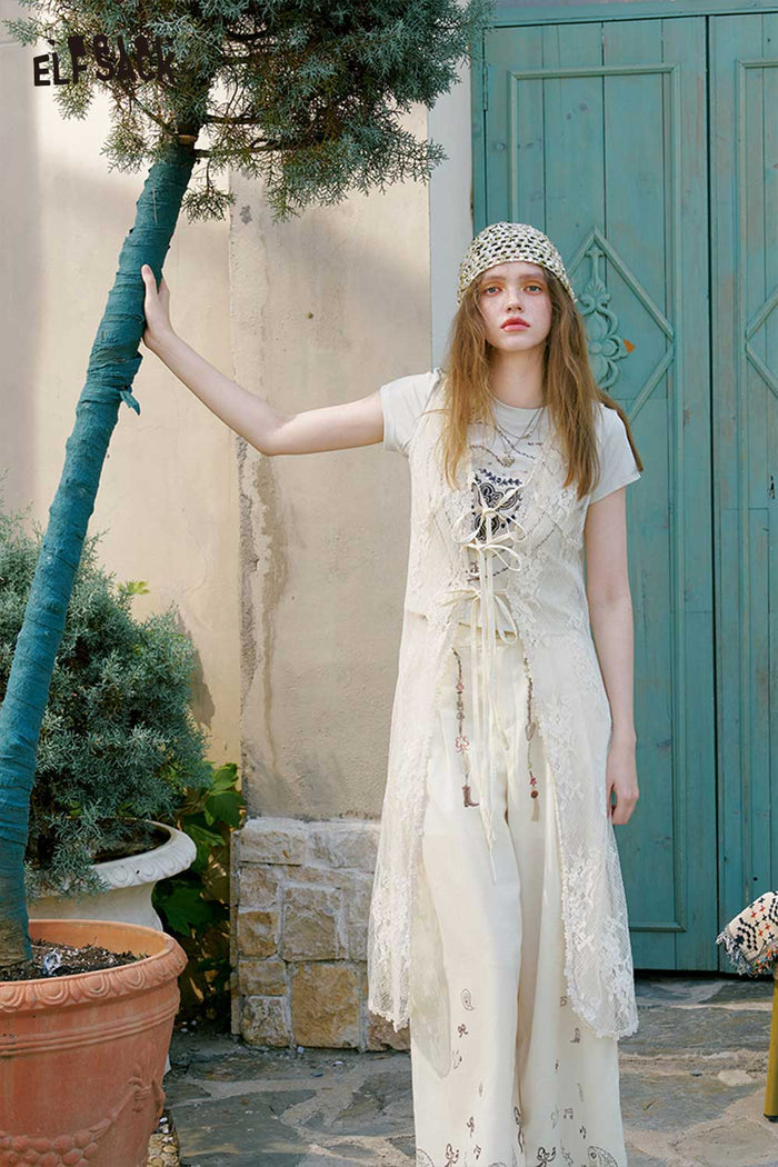 ELFSACK Sheer Lace Tie Front Long Sleeveless Vest