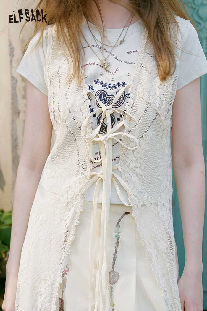 ELFSACK Sheer Lace Tie Front Long Sleeveless Vest