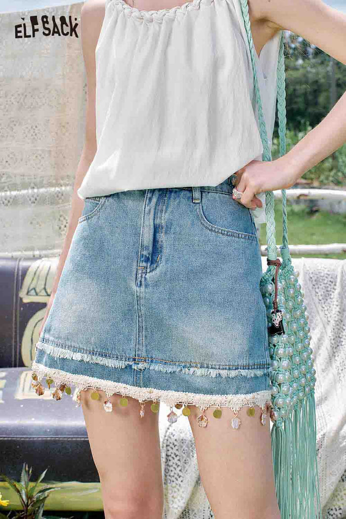 ELFSACK Shell Fringe Denim Mini Skirt High Waist A Line Resort