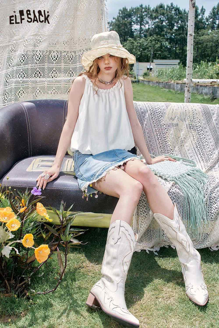 ELFSACK Shell Fringe Denim Mini Skirt High Waist A Line Resort