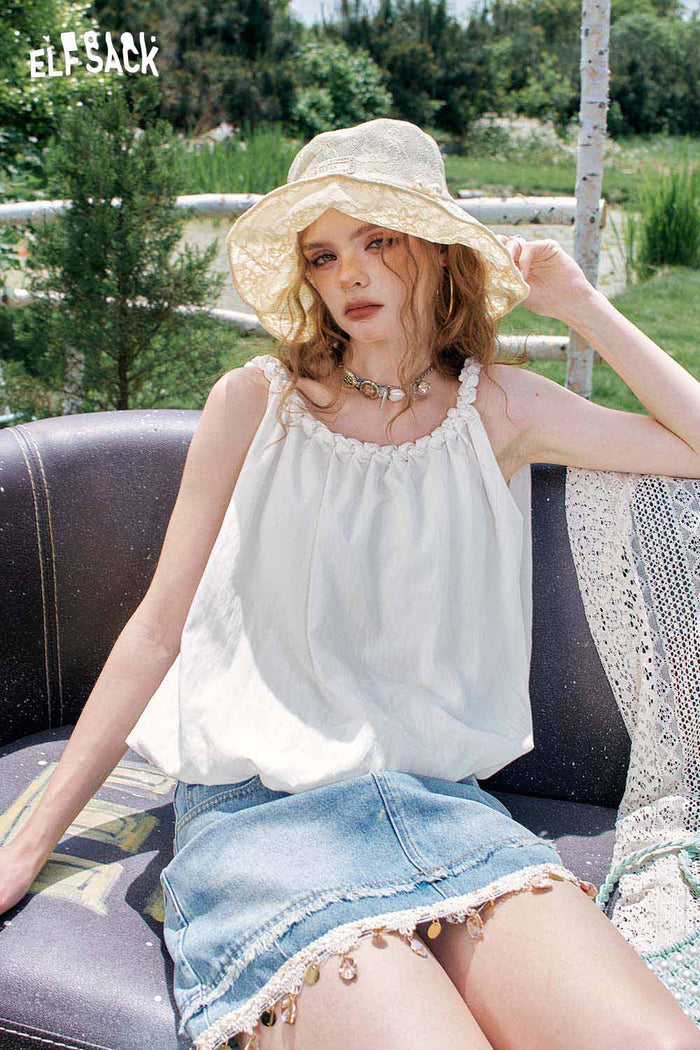 ELFSACK Shell Fringe Denim Mini Skirt High Waist A Line Resort