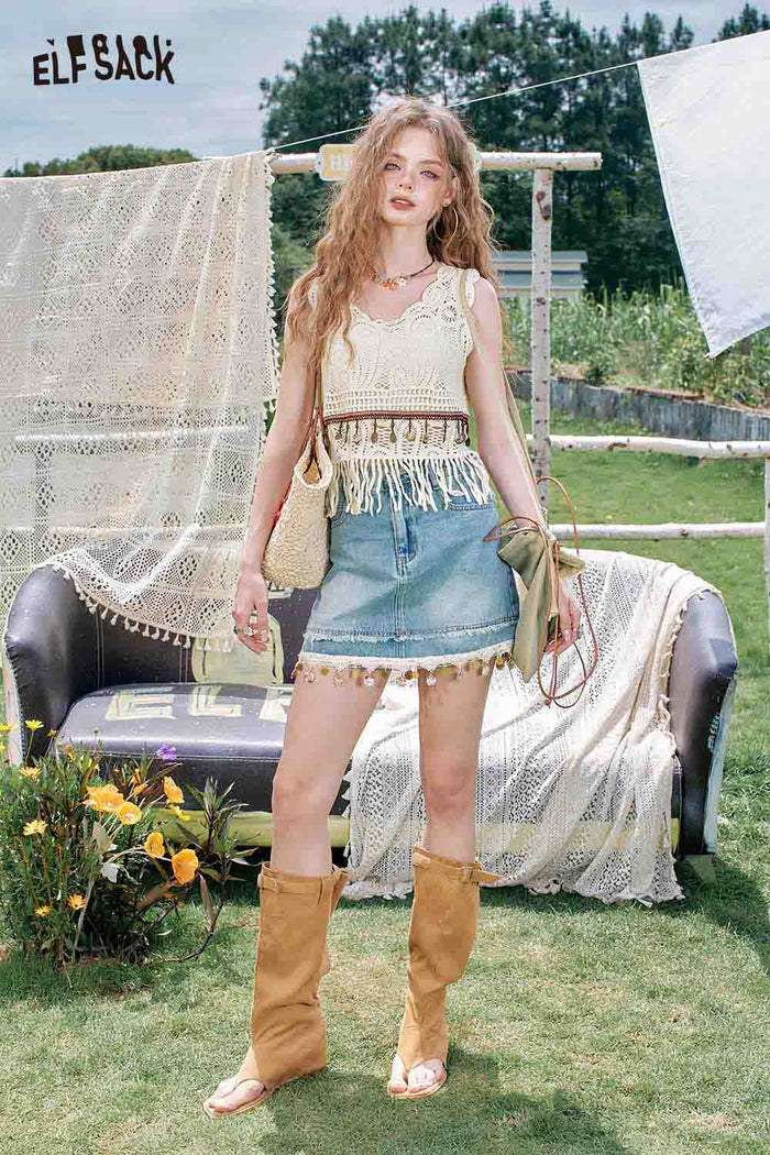 ELFSACK Shell Fringe Denim Mini Skirt High Waist A Line Resort
