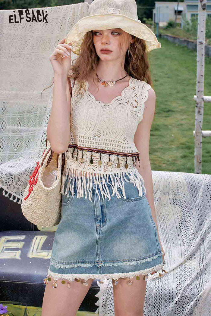 ELFSACK Shell Fringe Denim Mini Skirt High Waist A Line Resort