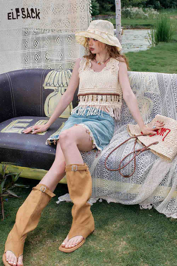 ELFSACK Shell Fringe Denim Mini Skirt High Waist A Line Resort
