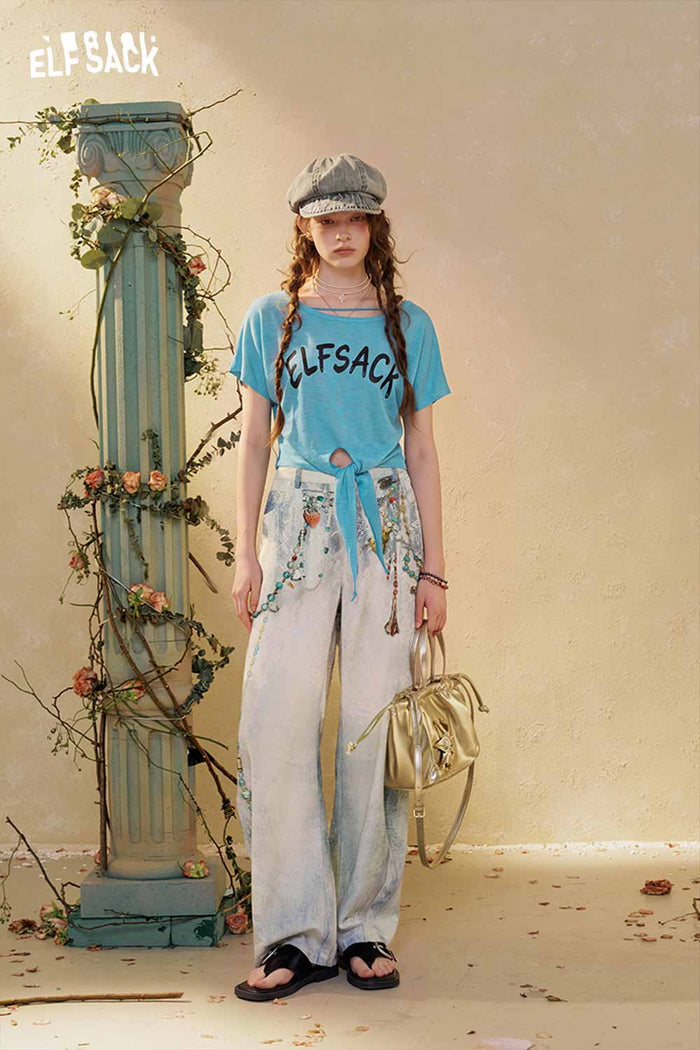 Short Sleeve Graphic Print Crop Tie Front Tee