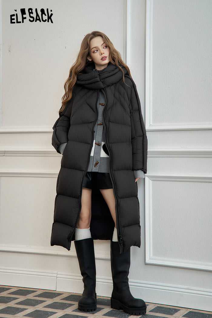 ELFSACK Simple long hooded down coat