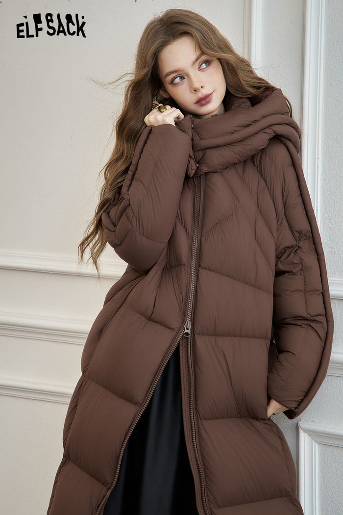 ELFSACK Simple long hooded down coat