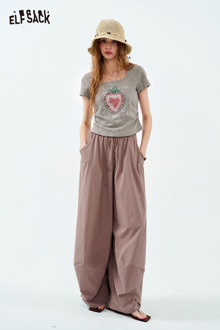 ELFSACK Sketch Strawberry Ruched Crop Tee