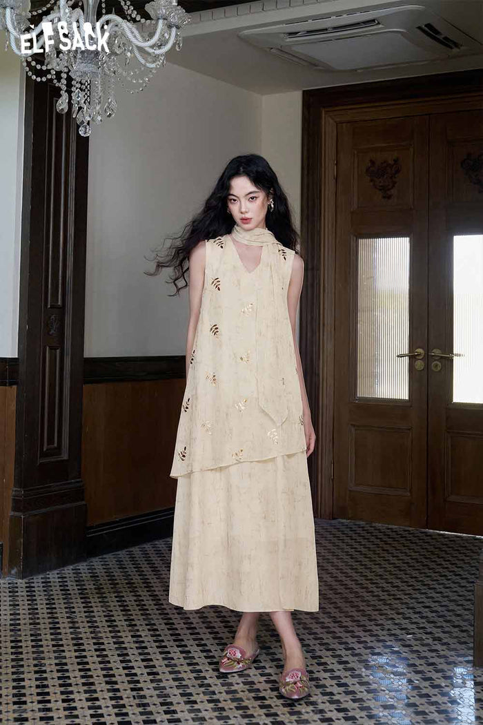 ELFSACK Sleeveless V-Neck Layered Maxi Dress