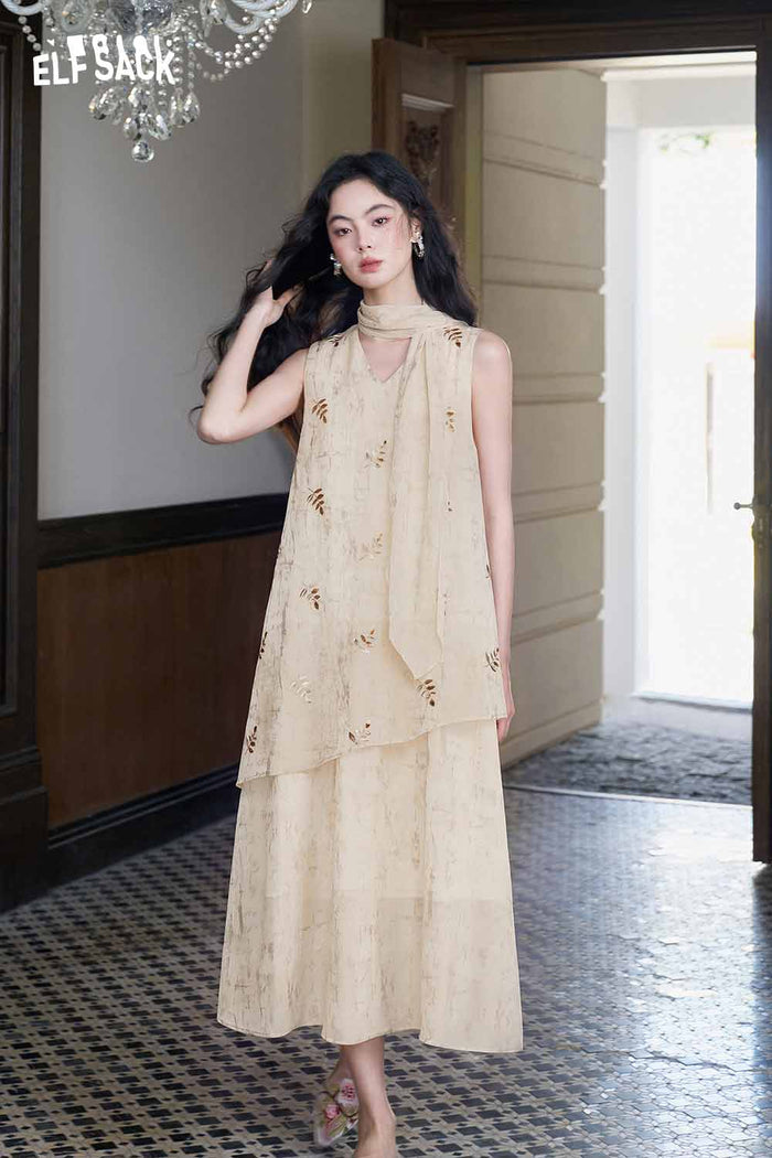 ELFSACK Sleeveless V-Neck Layered Maxi Dress