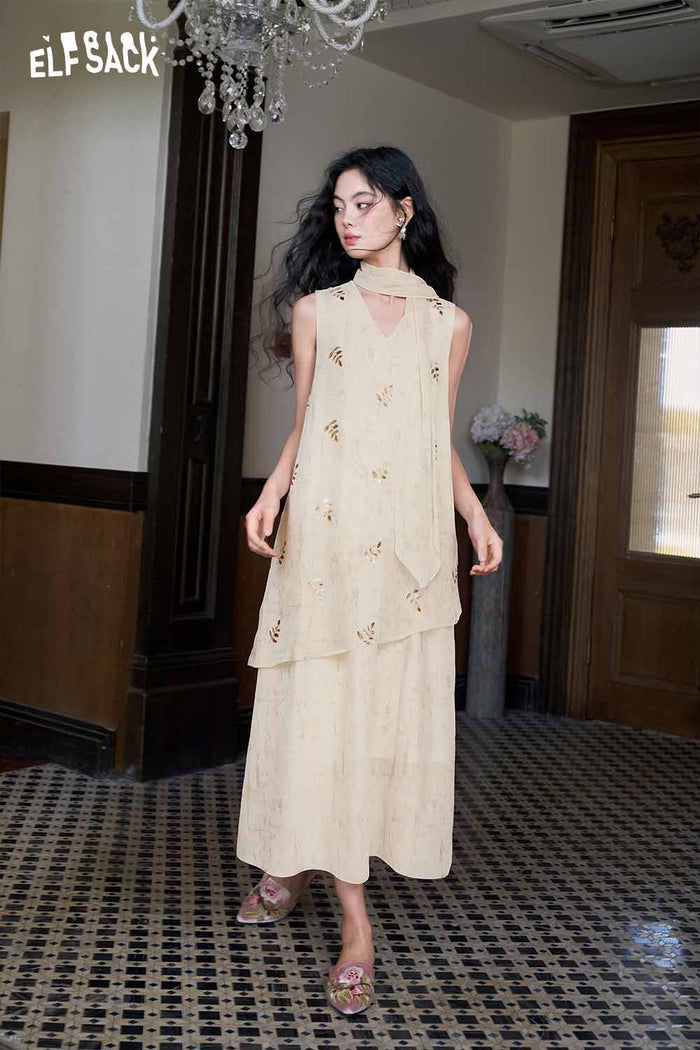ELFSACK Sleeveless V-Neck Layered Maxi Dress
