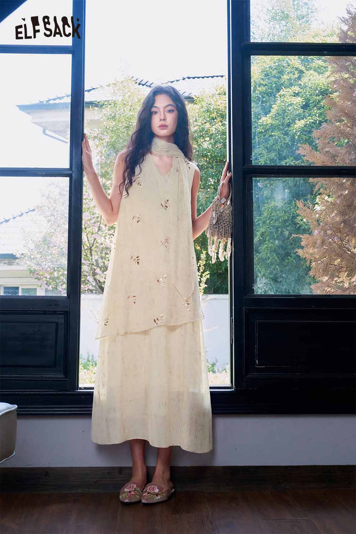 ELFSACK Sleeveless V-Neck Layered Maxi Dress