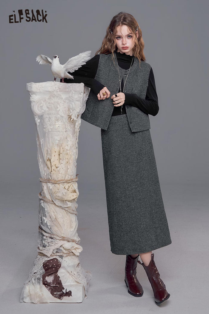 ELFSACK Sleeveless Vest and Midi Skirt Coordinated Tweed Ensemble