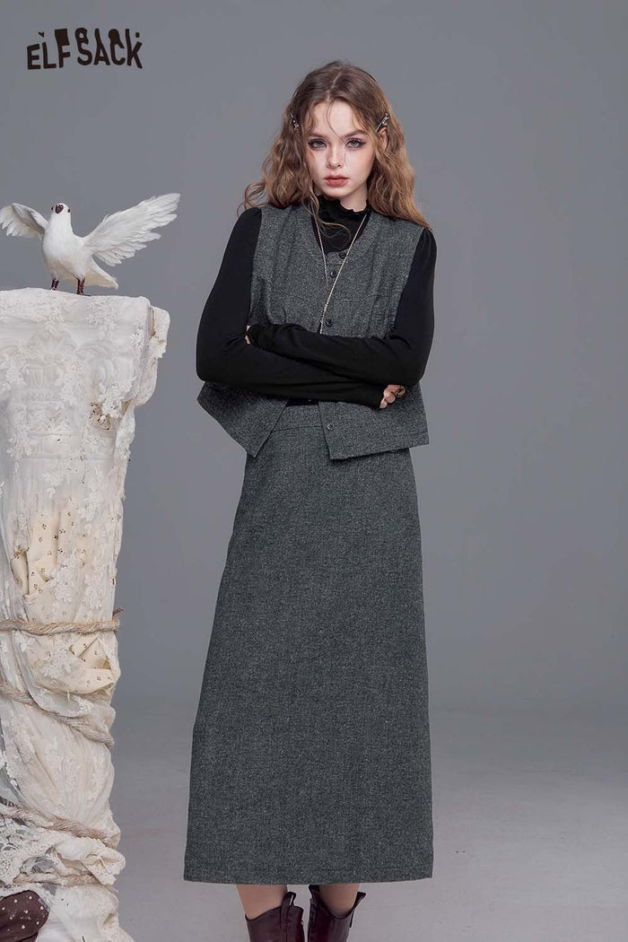 ELFSACK Sleeveless Vest and Midi Skirt Coordinated Tweed Ensemble