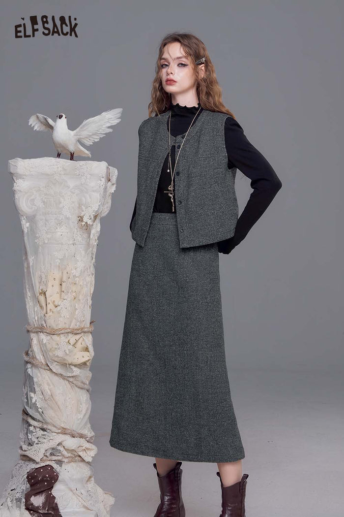 ELFSACK Sleeveless Vest and Midi Skirt Coordinated Tweed Ensemble