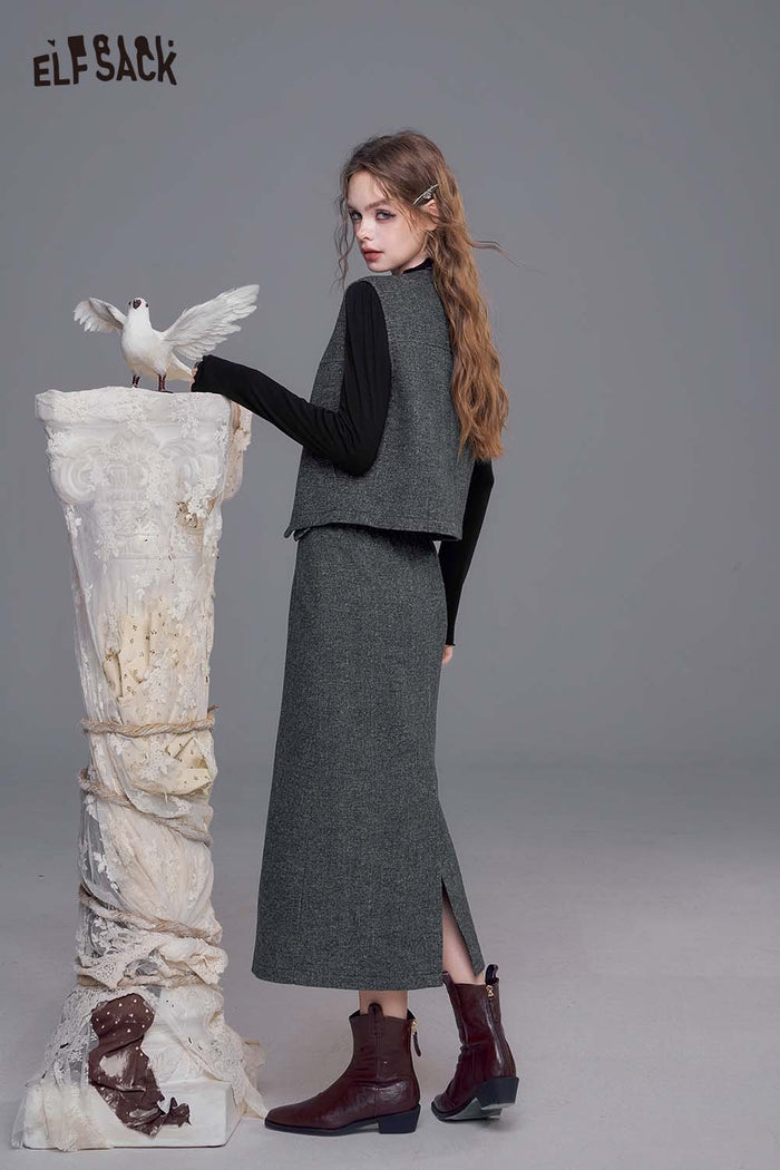 ELFSACK Sleeveless Vest and Midi Skirt Coordinated Tweed Ensemble