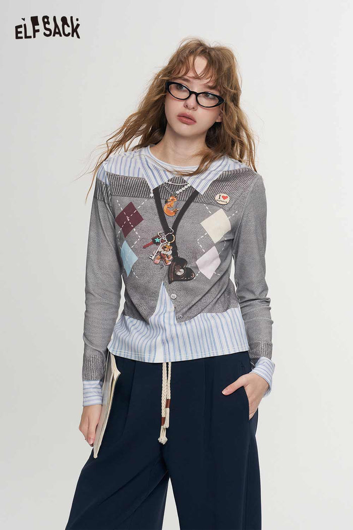 Slim Fit Fake Two Piece Argyle Badge Print Tee