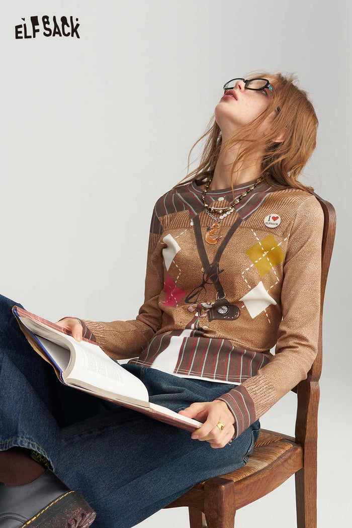 Slim Fit Fake Two Piece Argyle Badge Print Tee
