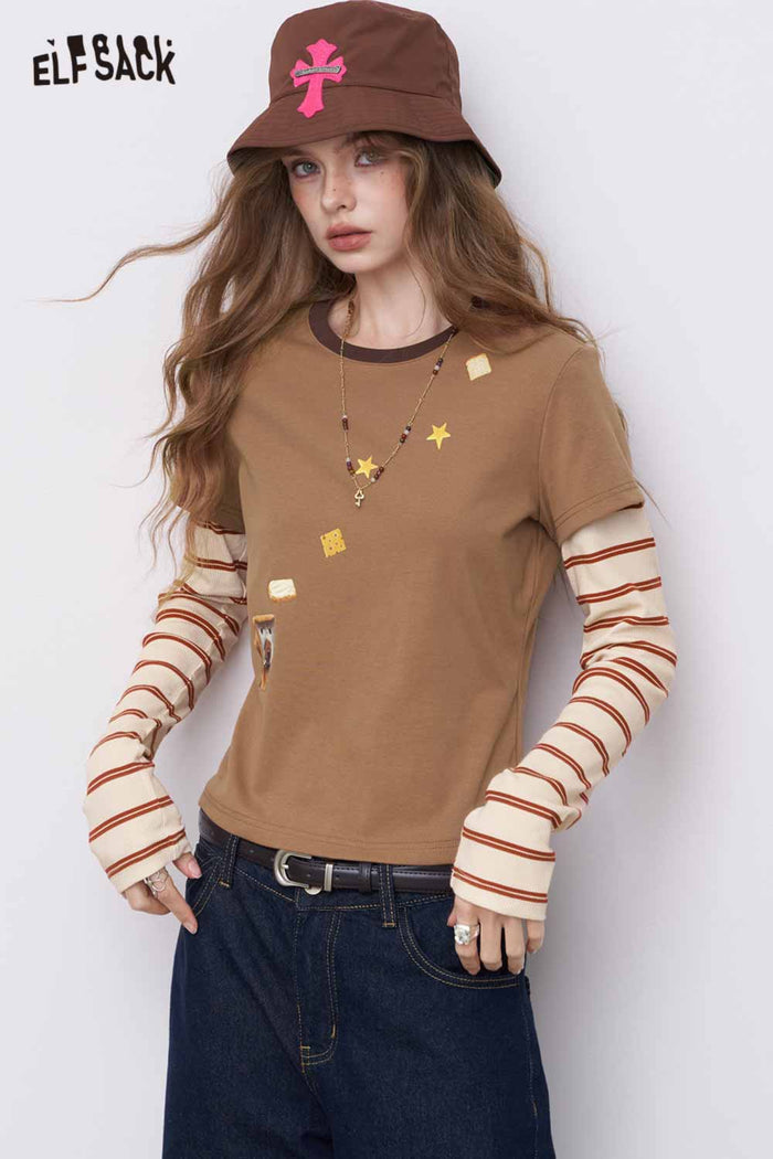 ELFSACK Slim-Fit Stripe Patchwork Top with a Regular Shoulder