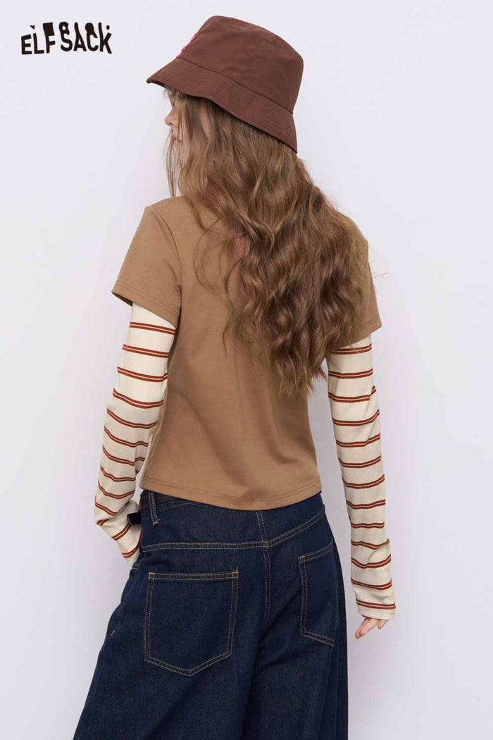 ELFSACK Slim-Fit Stripe Patchwork Top with a Regular Shoulder