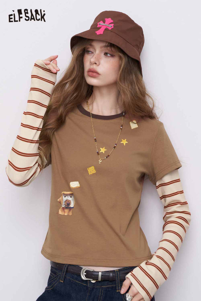 ELFSACK Slim-Fit Stripe Patchwork Top with a Regular Shoulder