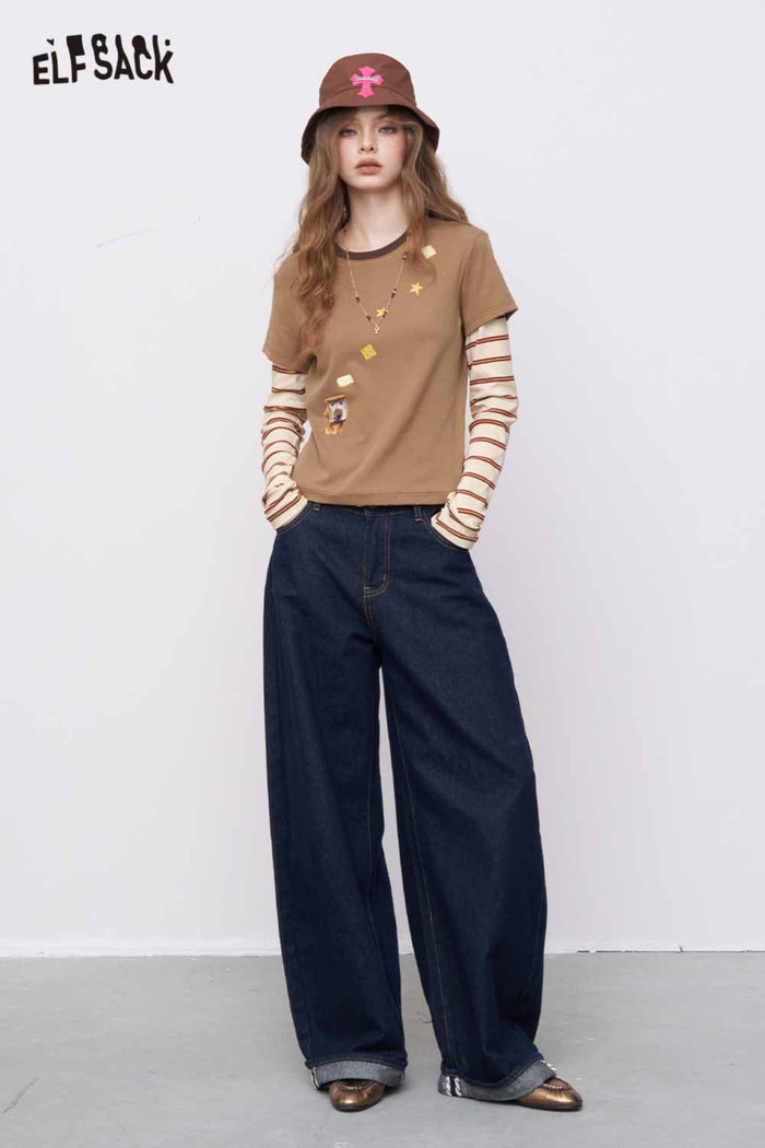 ELFSACK Slim-Fit Stripe Patchwork Top with a Regular Shoulder