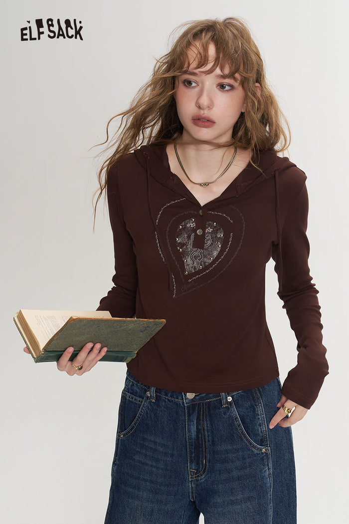 Slim Hooded Graphic T Shirt V Neck Half Button Long Sleeve
