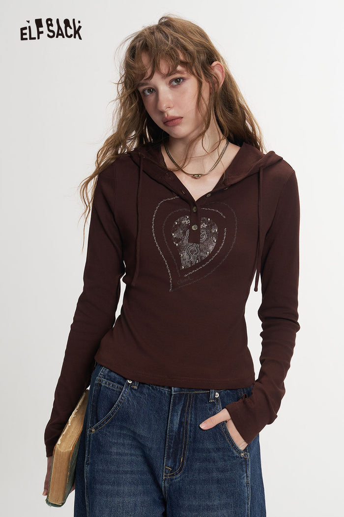 Slim Hooded Graphic T Shirt V Neck Half Button Long Sleeve