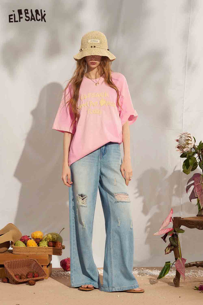 ELFSACK Slogan Print Gradient Oversized Tee