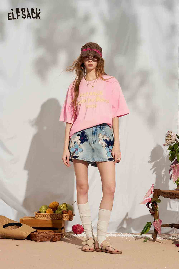 ELFSACK Slogan Print Gradient Oversized Tee