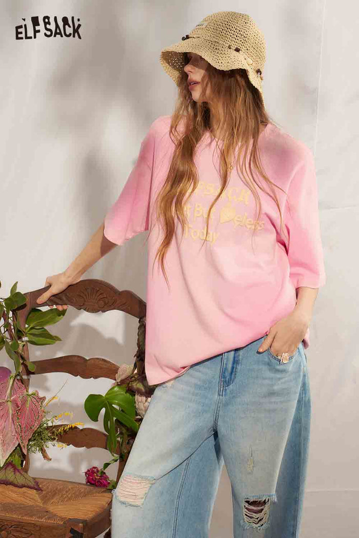 ELFSACK Slogan Print Gradient Oversized Tee
