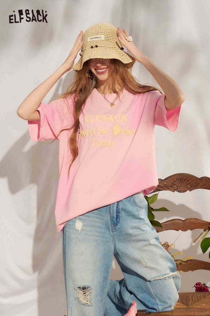 ELFSACK Slogan Print Gradient Oversized Tee