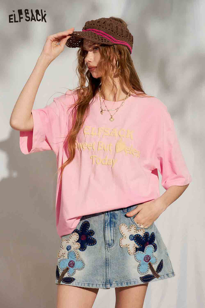 ELFSACK Slogan Print Gradient Oversized Tee