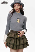 ELFSACK Smiley Face Plush Patchwork Knit Slim Fit Base Layer