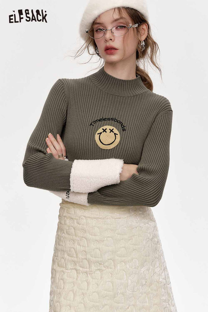 ELFSACK Smiley Face Plush Patchwork Knit Slim Fit Base Layer