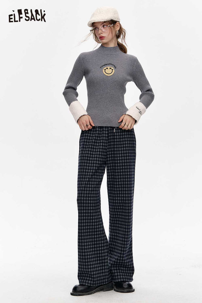 ELFSACK Smiley Face Plush Patchwork Knit Slim Fit Base Layer