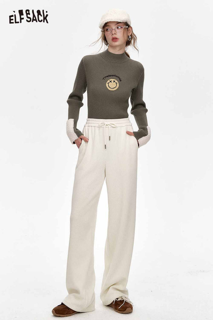 ELFSACK Smiley Face Plush Patchwork Knit Slim Fit Base Layer