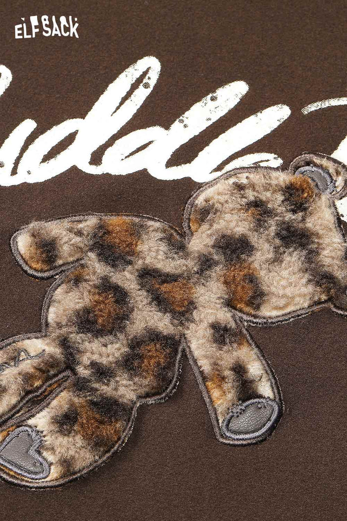 ELFSACK Soft 3D Plush Teddy Bear Embroidery Drop Shoulder Top