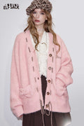 ELFSACK Soft Acrylic 3D Bow Embroidery Knit Oversized Cardigan