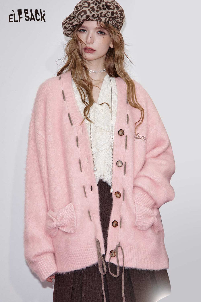 ELFSACK Soft Acrylic 3D Bow Embroidery Knit Oversized Cardigan