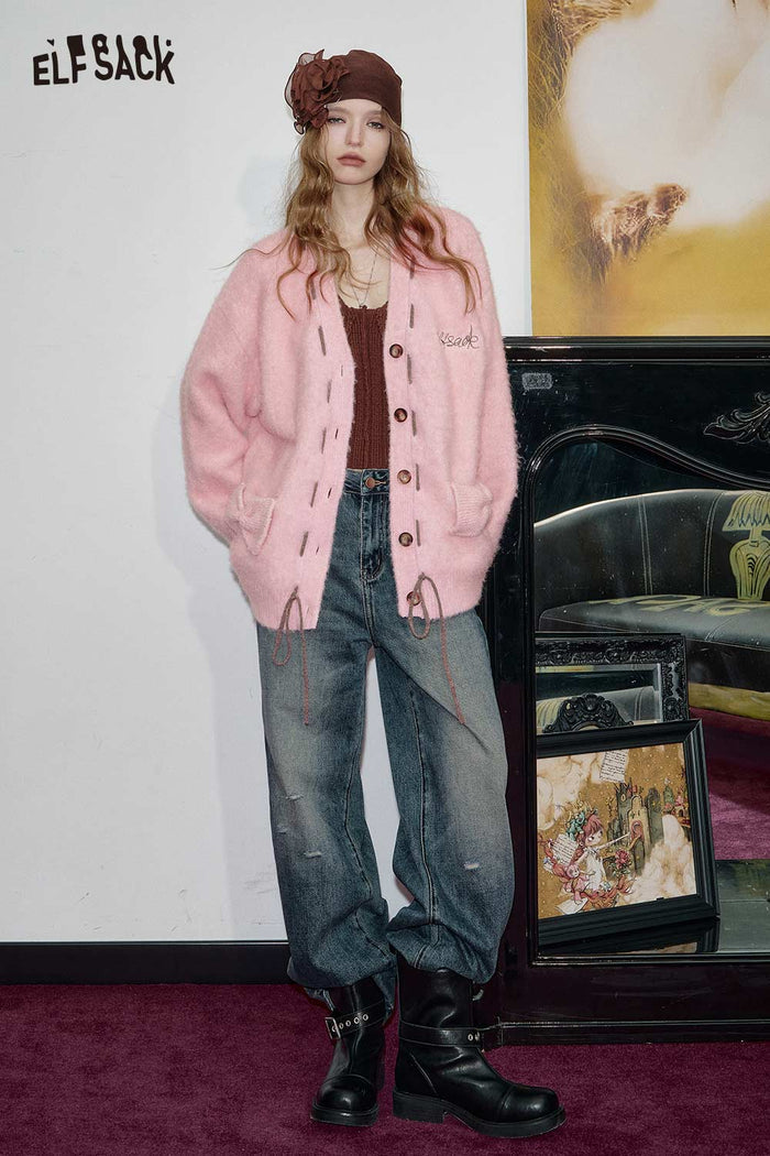 ELFSACK Soft Acrylic 3D Bow Embroidery Knit Oversized Cardigan